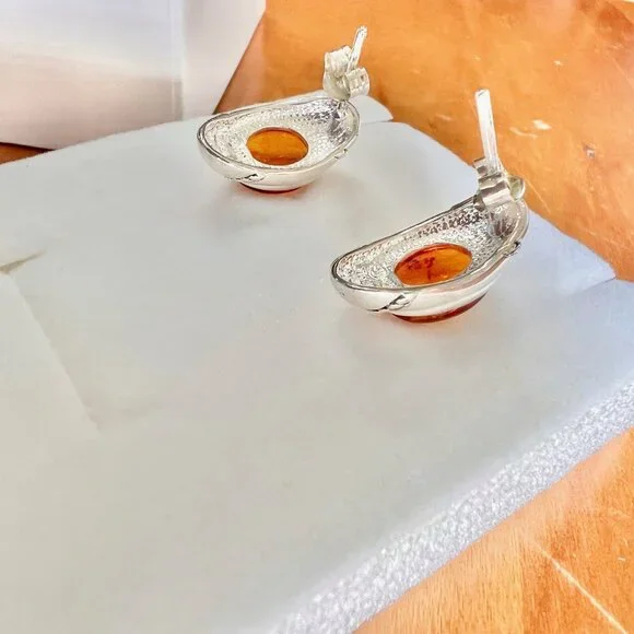 Vintage Sterling Silver Amber Earrings, Sterling Silver Earrings, Amber J - Picture 5 of 10